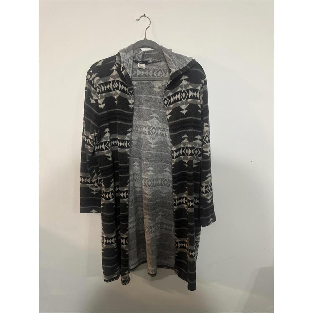 Vintage Deb Aztec Print Open Front Long Cartigan Hooded